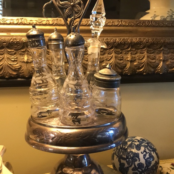Vintage vase curettes carousel silver plated etch crystal glass oil vinegar 6 pc - Picture 16 of 16